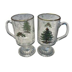 Spode Christmas Tree Footed Goblet Glasses 7" Tall Set of 2 Gold Rim